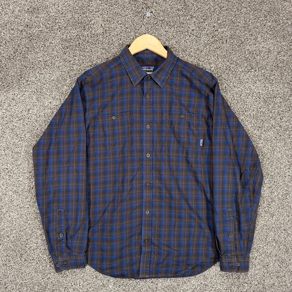 Patagonia Long Sleeved Pima Cotton Shirt Mens M Blue Black Plaid Pockets Outdoor
